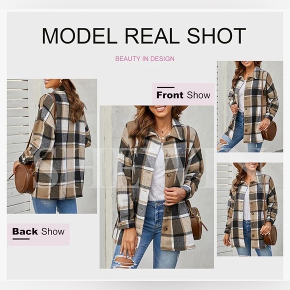 Womens Long Sleeve Plaid Shirts Flannel Lapel Button Down Shacket Jacket Coats - Picture 1 of 4